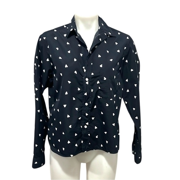 Frank & Eileen Silvio woven navy with white hearts cotton button up size S - Picture 2 of 9